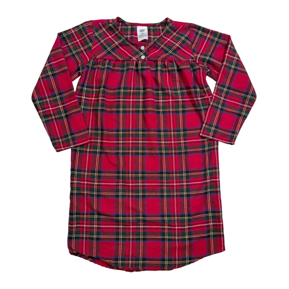 Lands' End Nightgown Girls 8 Red Plaid Holiday Flannel Long Sleeve Sleep Dress